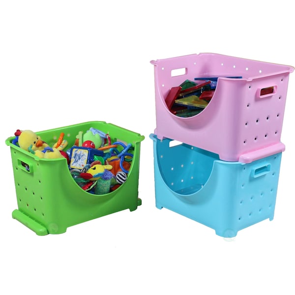 Stackable Storage Container, Assorted Colors, Plastic, 3 PK